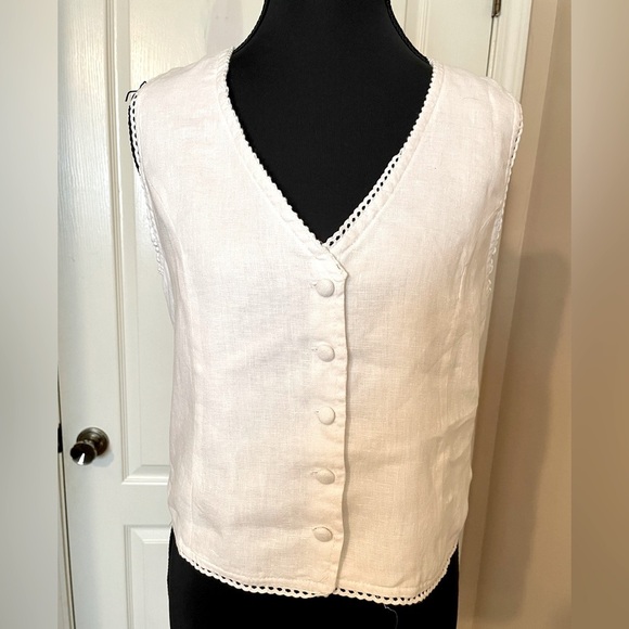 Laura Ashley White Linen Vest Waistcoat Top Blouse Size S Coastal Boho Cottage - Picture 8 of 12